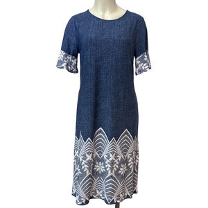 Ellen Weaver Blue Dress M White Lace Trim Short Sleeve Stretch